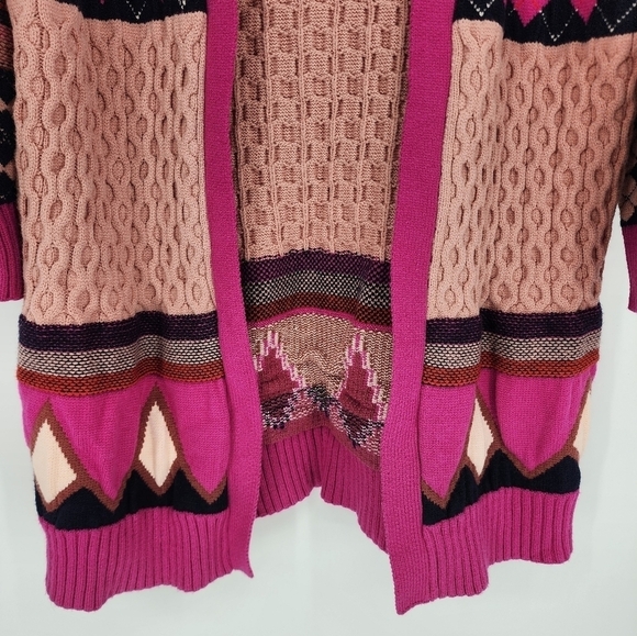Fate Fair Isle Argyle Open Front Hooded Cardigan Sweater Large - Picture 2 of 11